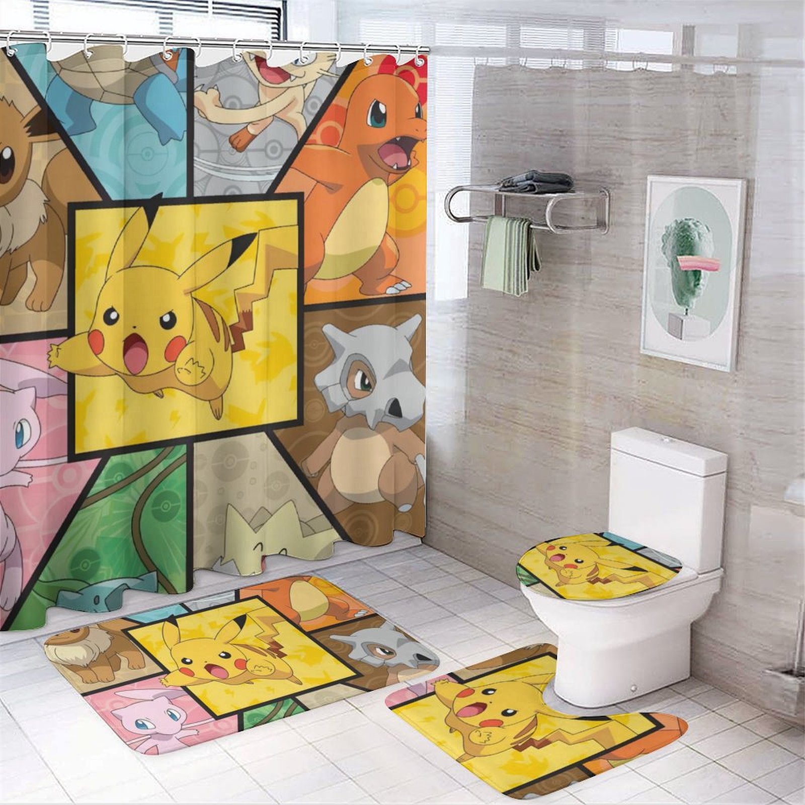 Pokemon Cartoon 4-piece Shower Curtain Set Non-slip Carpet Toilet Seat Lid And Bath Mat for Bathroom Decoration One Size